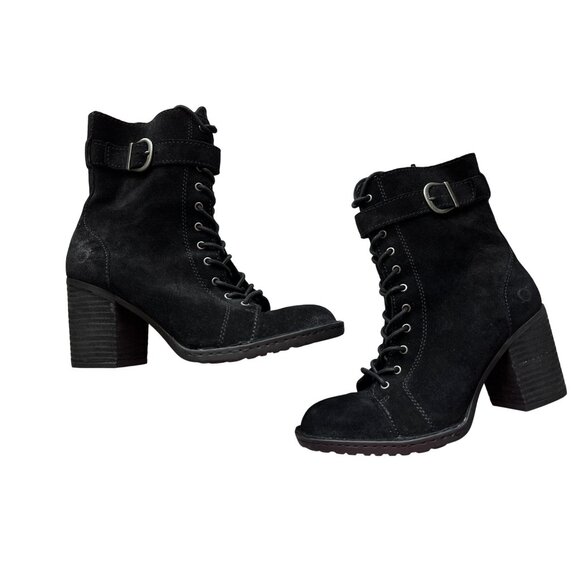 Born Cass Black Suede Combat Boots Strap Side Zipper Lace Up Size 8 - Picture 2 of 7